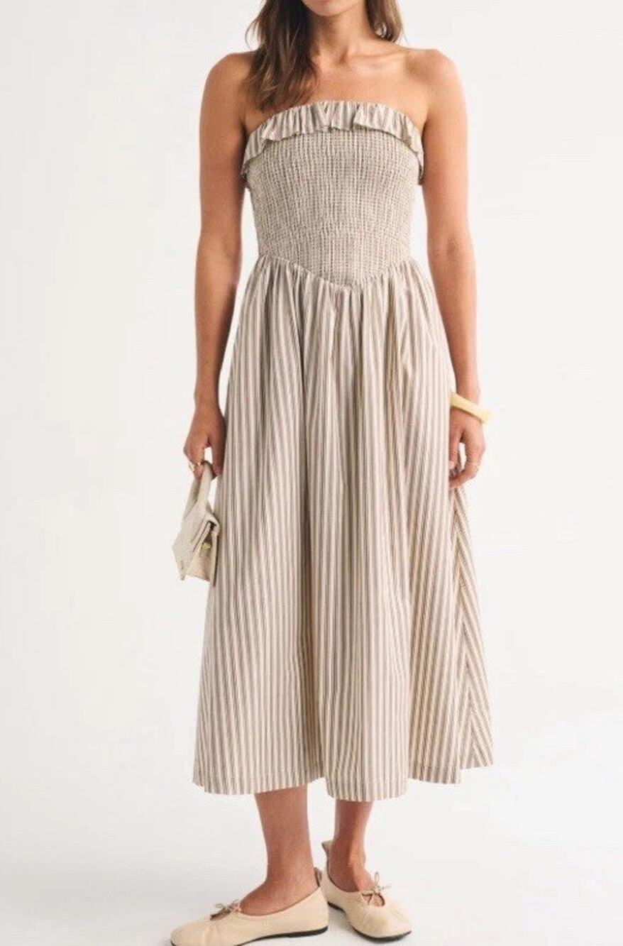 Abercrombie Fitch Sydney Smocked Dipped-Waist Midi Dress Basque Stripes Size L